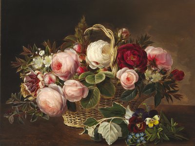 Roses and Summer Flowers in a Basket on a Ledge by Johan Laurentz Jensen